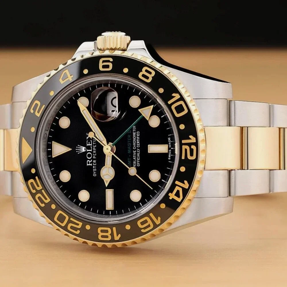 MENS ROLEX GMT MASTER II 40MM 18K YELLOW GOLD STEEL WATCH
